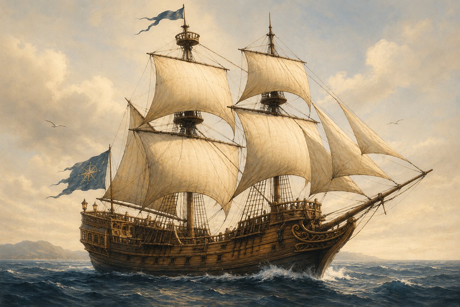 Un velero de tres palos navegando a mar abierto